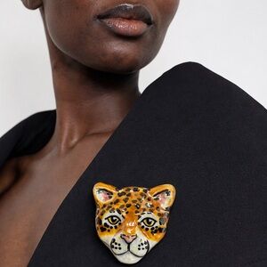Vintage Leopard Head Ceramic Brooch Pin Paris Statement Animal Print